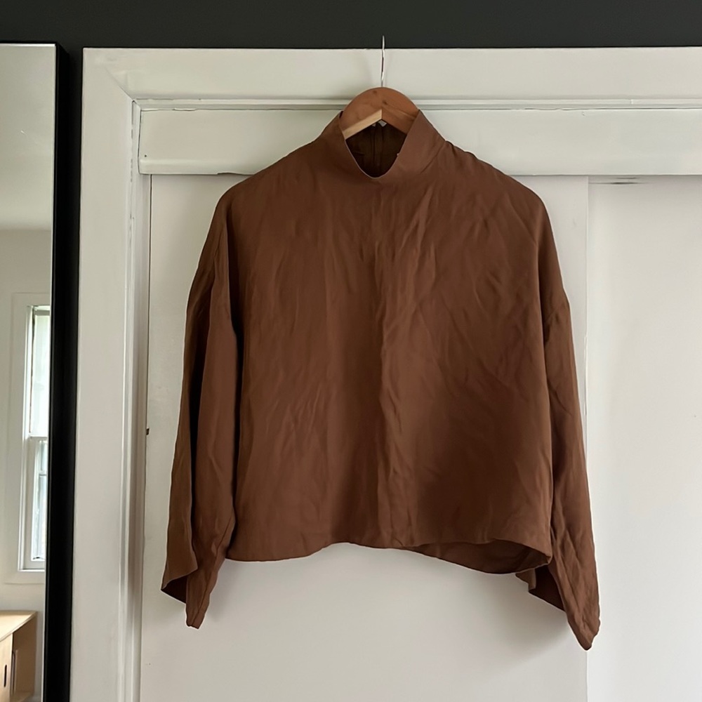 Uniqlo Silk Mock Neck Blouse in Brown
